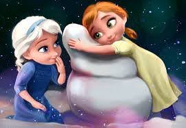 Frozen Anna and Elsa building a Snowman 40x30